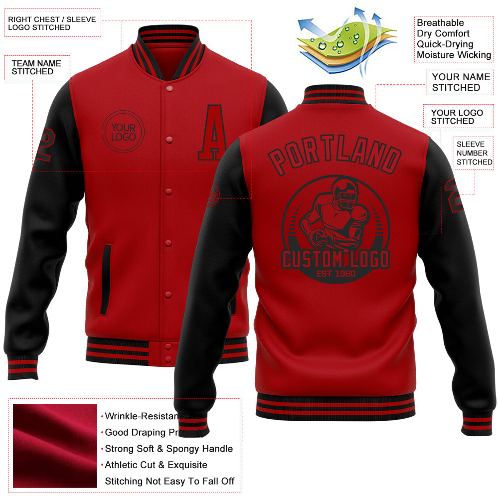 Custom Red Black Bomber Full-Snap Varsity Letterman Two Tone Jacket view 5