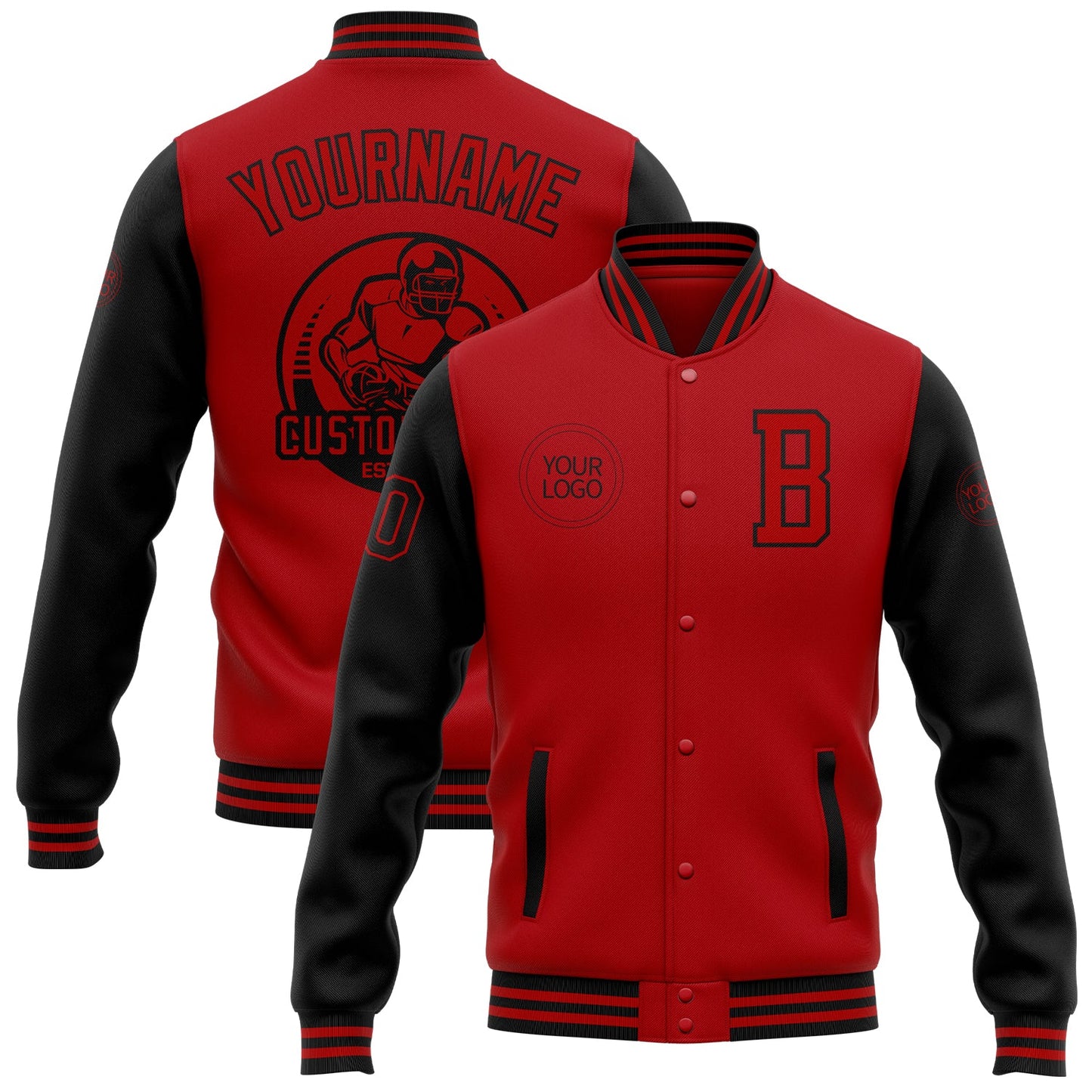 Custom Red Black Bomber Full-Snap Varsity Letterman Two Tone Jacket - Main View