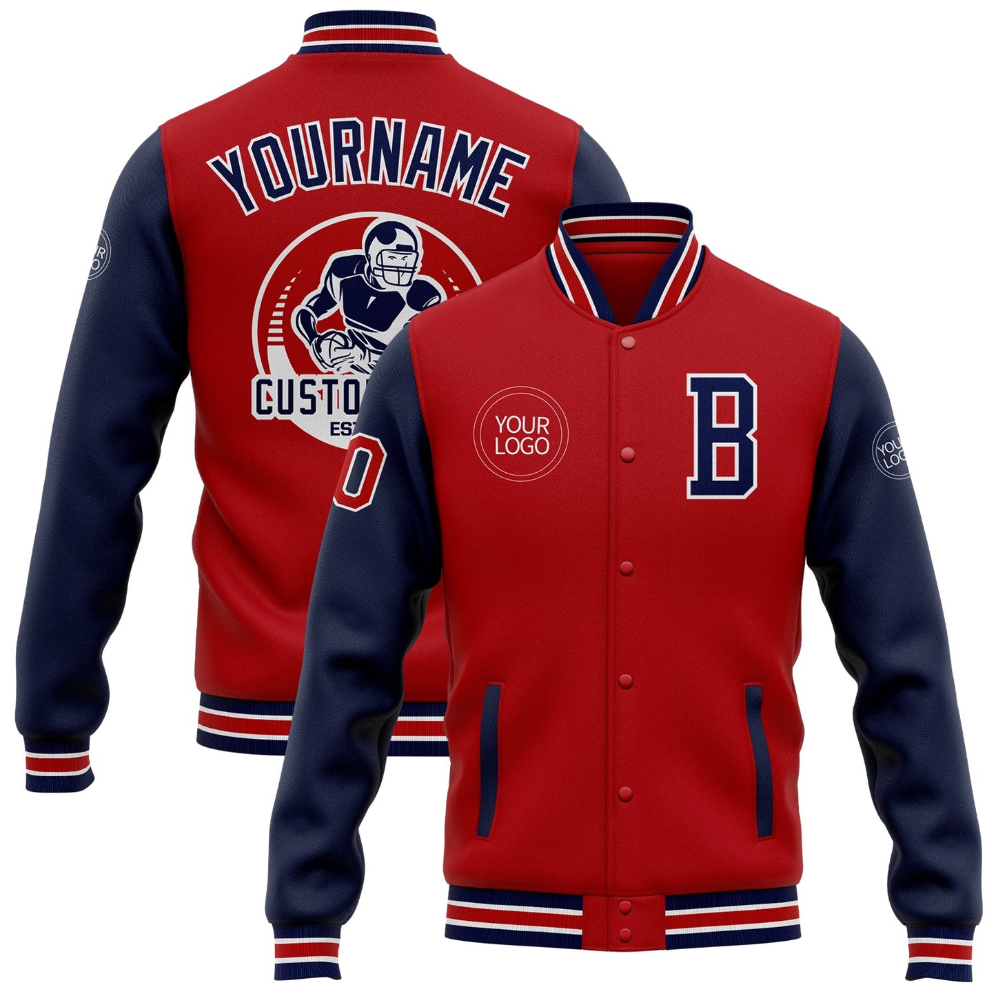 Custom Red Navy-White Bomber Full-Snap Varsity Letterman Two Tone Jacket - Main View