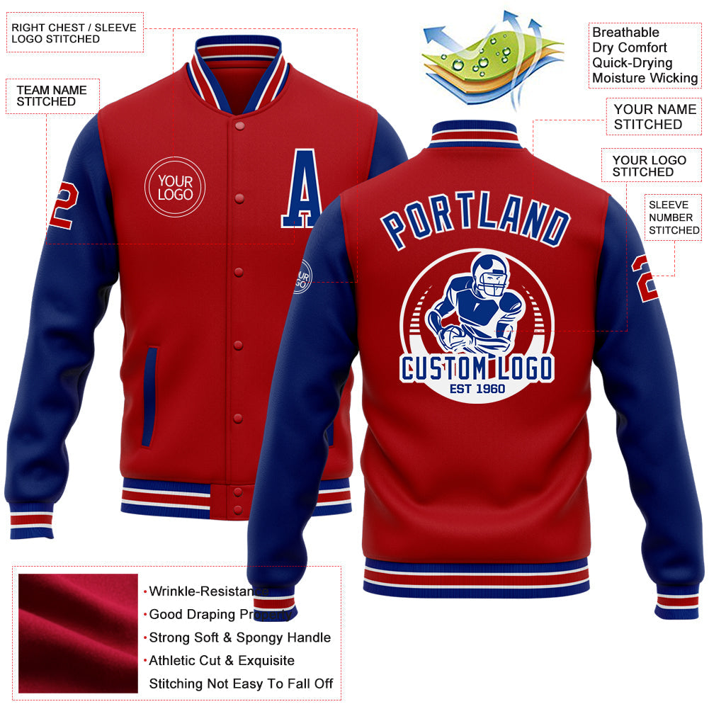 Custom Red Royal-White Bomber Full-Snap Varsity Letterman Two Tone Jacket view 5