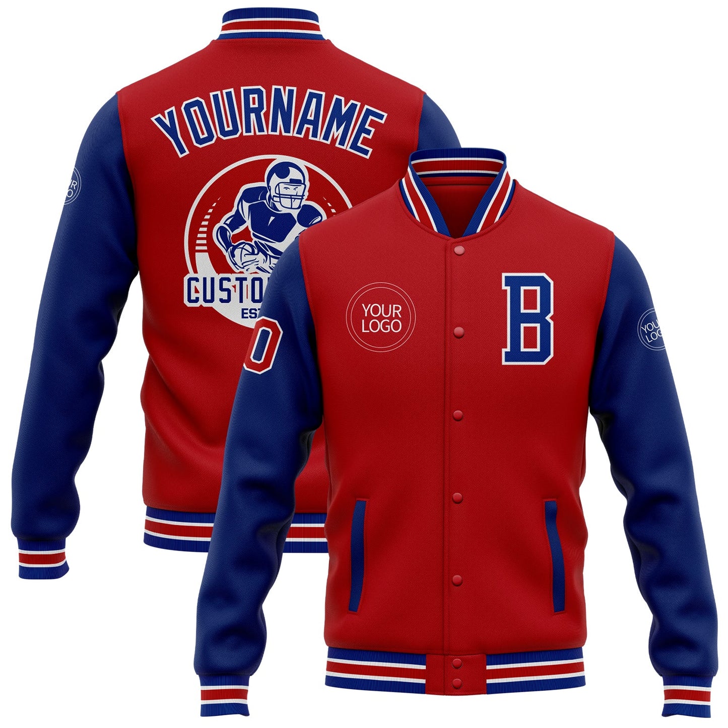 Custom Red Royal-White Bomber Full-Snap Varsity Letterman Two Tone Jacket - Main View