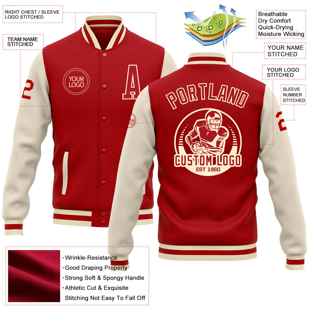 Custom Red Cream Bomber Full-Snap Varsity Letterman Two Tone Jacket view 5