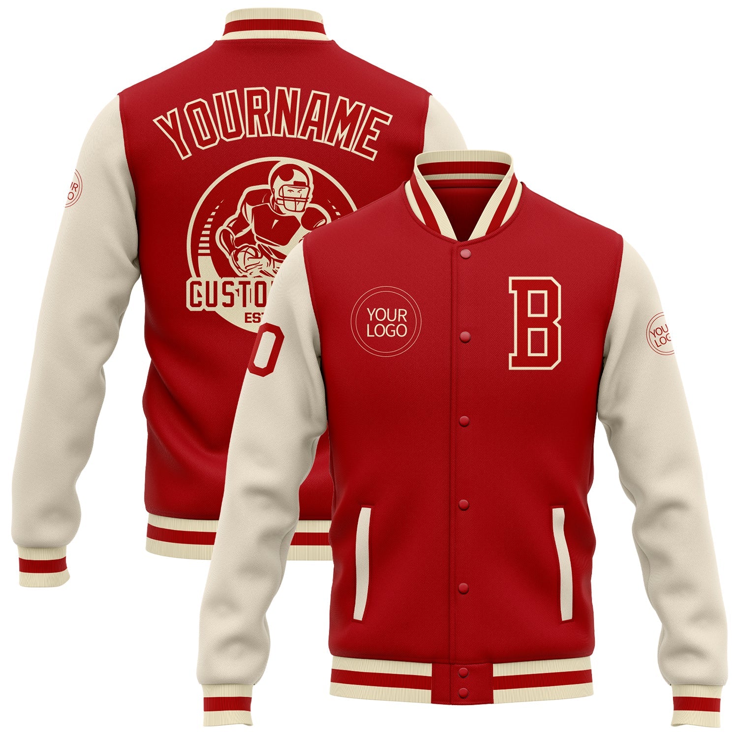 Custom Red Cream Bomber Full-Snap Varsity Letterman Two Tone Jacket - Main View