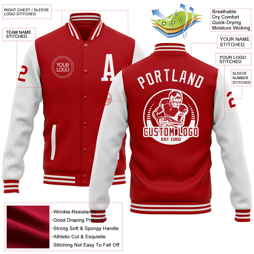Custom Red White Bomber Full-Snap Varsity Letterman Two Tone Jacket view 5