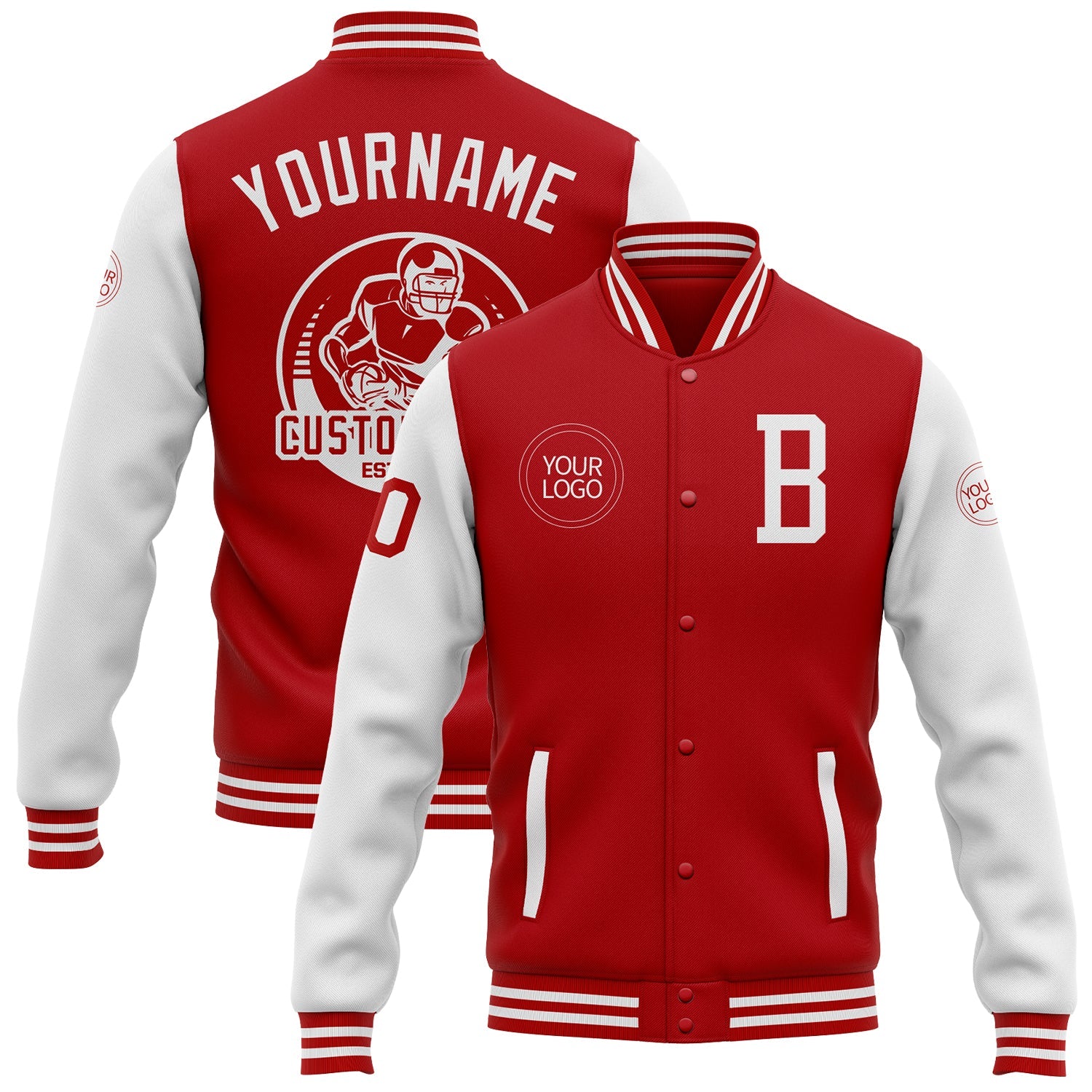 Custom Red White Bomber Full-Snap Varsity Letterman Two Tone Jacket - Main View
