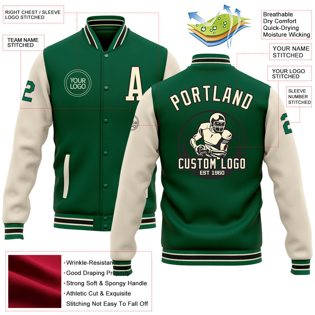 Custom Kelly Green Cream-Black Bomber Full-Snap Varsity Letterman Two Tone Jacket view 5