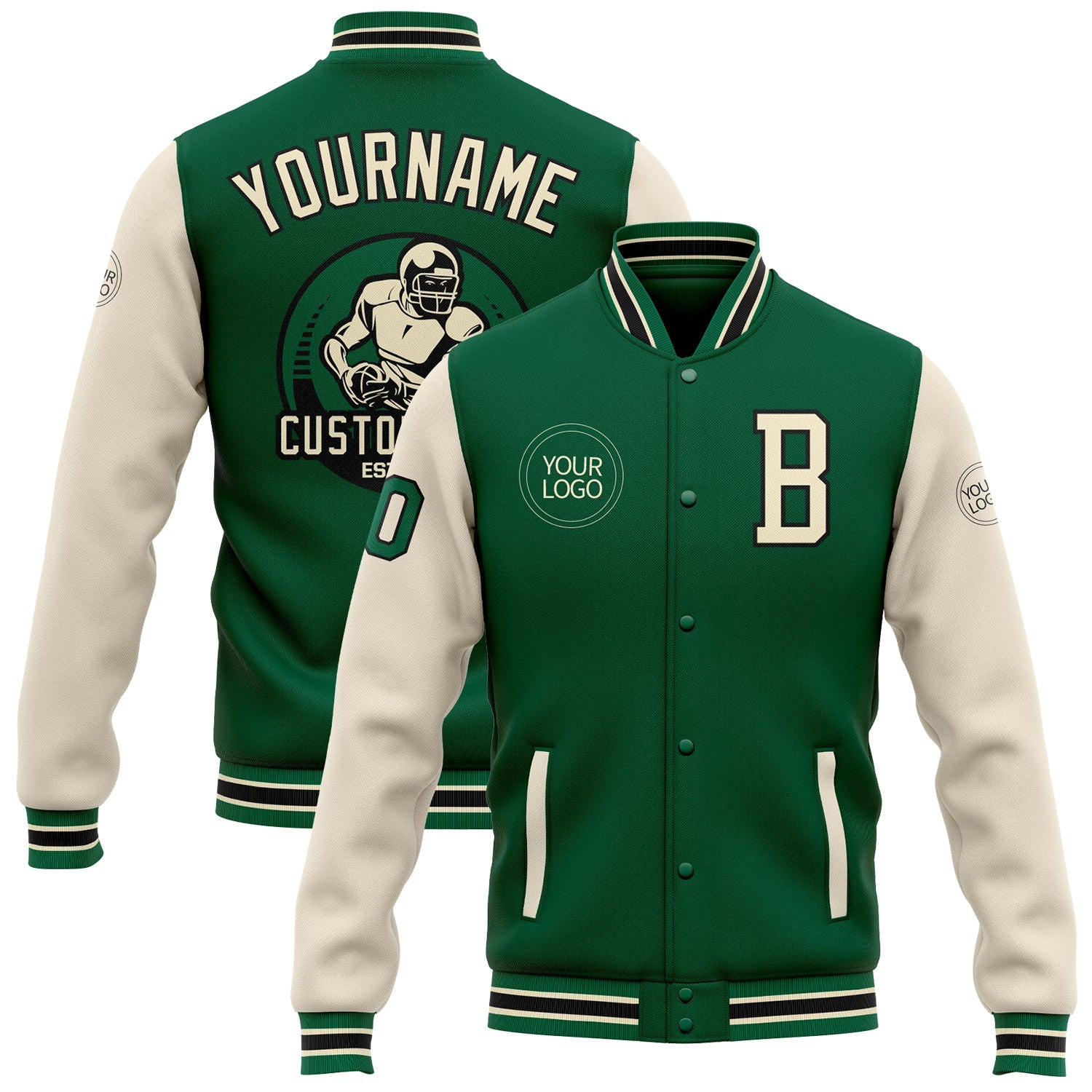 Custom Kelly Green Cream-Black Bomber Full-Snap Varsity Letterman Two Tone Jacket - Main View
