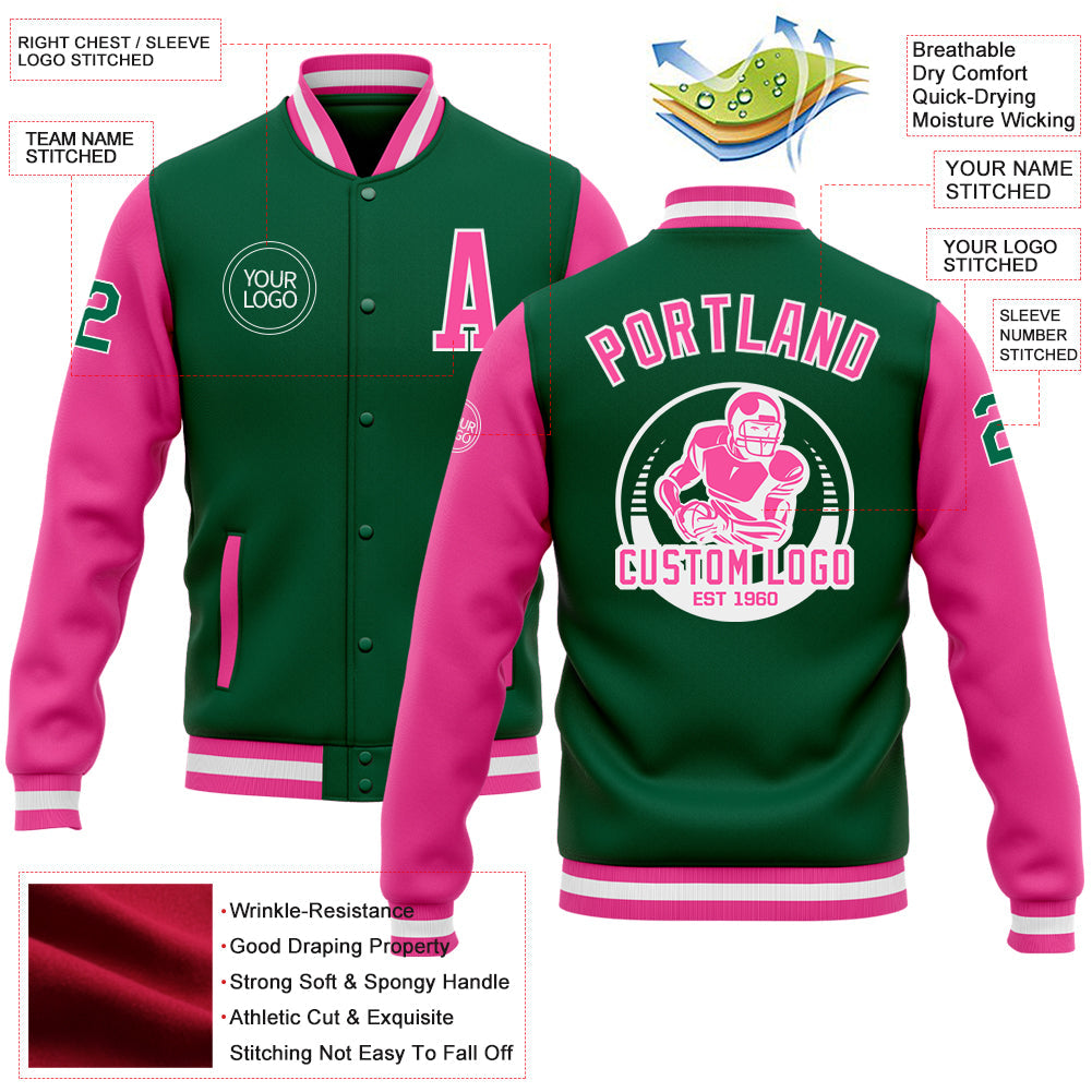 Custom Kelly Green Pink-White Bomber Full-Snap Varsity Letterman Two Tone Jacket view 5