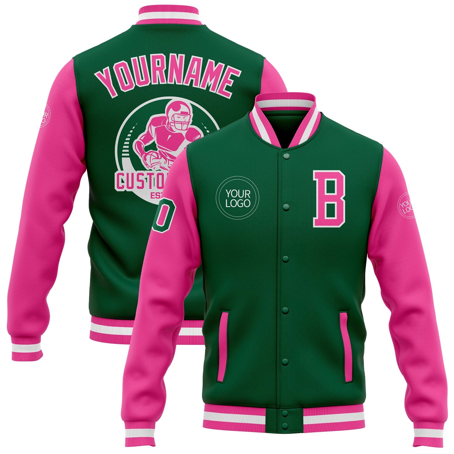 Custom Kelly Green Pink-White Bomber Full-Snap Varsity Letterman Two Tone Jacket - Main View