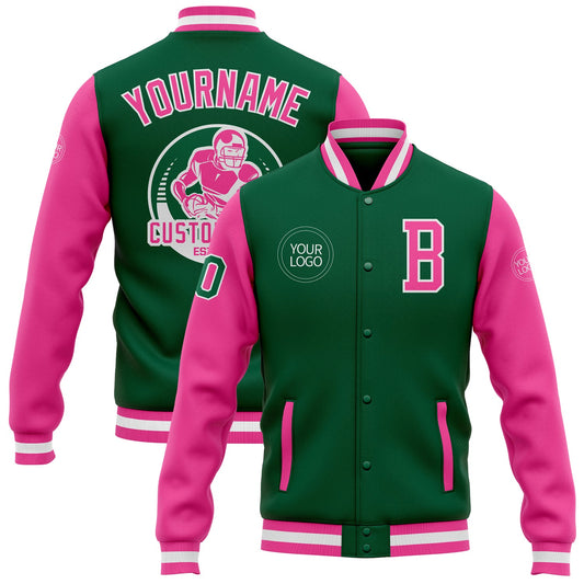 Custom Kelly Green Pink-White Bomber Full-Snap Varsity Letterman Two Tone Jacket - Main View