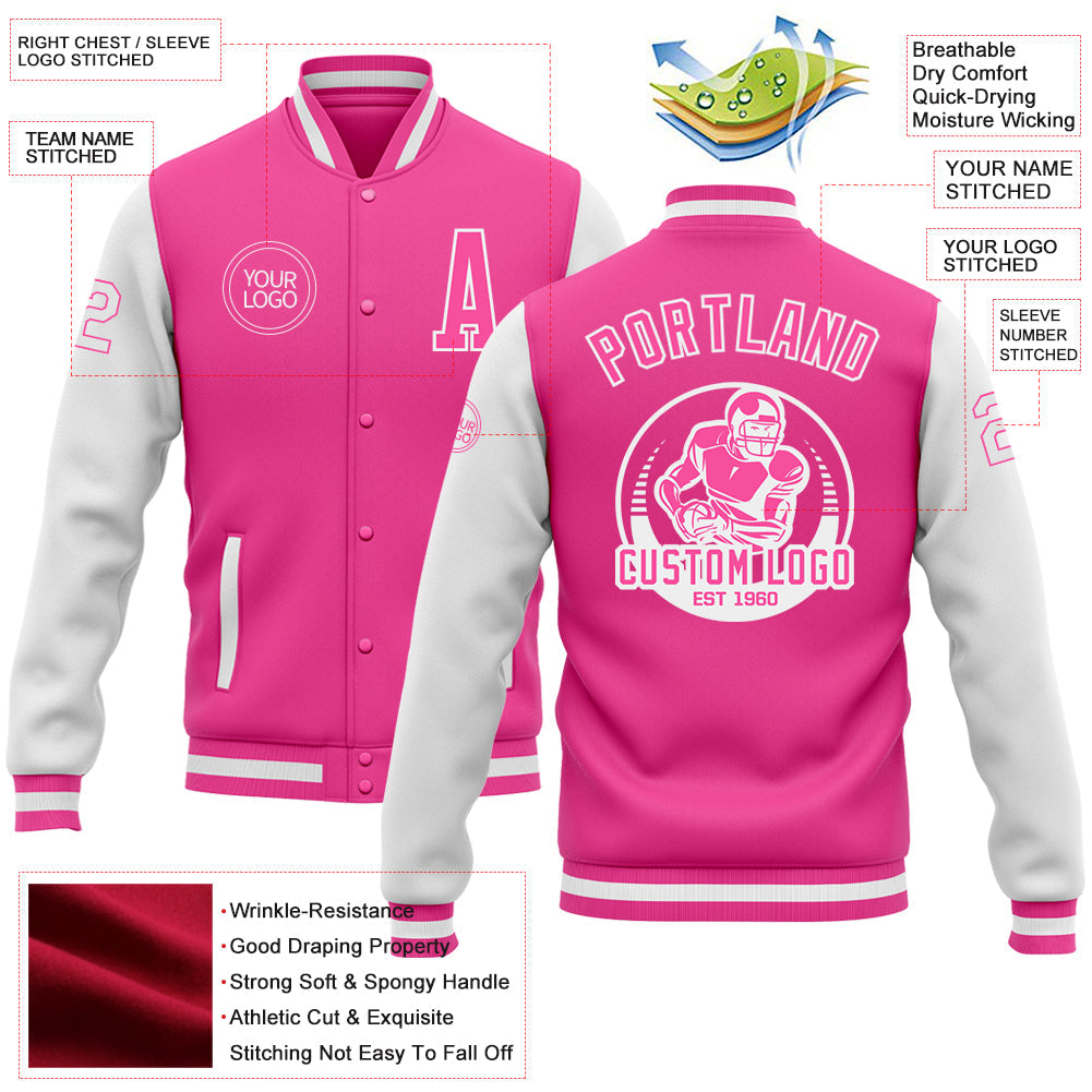 Custom Pink White Bomber Full-Snap Varsity Letterman Two Tone Jacket view 5