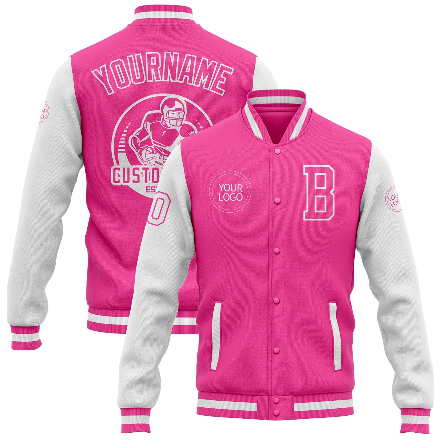 Custom Pink White Bomber Full-Snap Varsity Letterman Two Tone Jacket - Main View