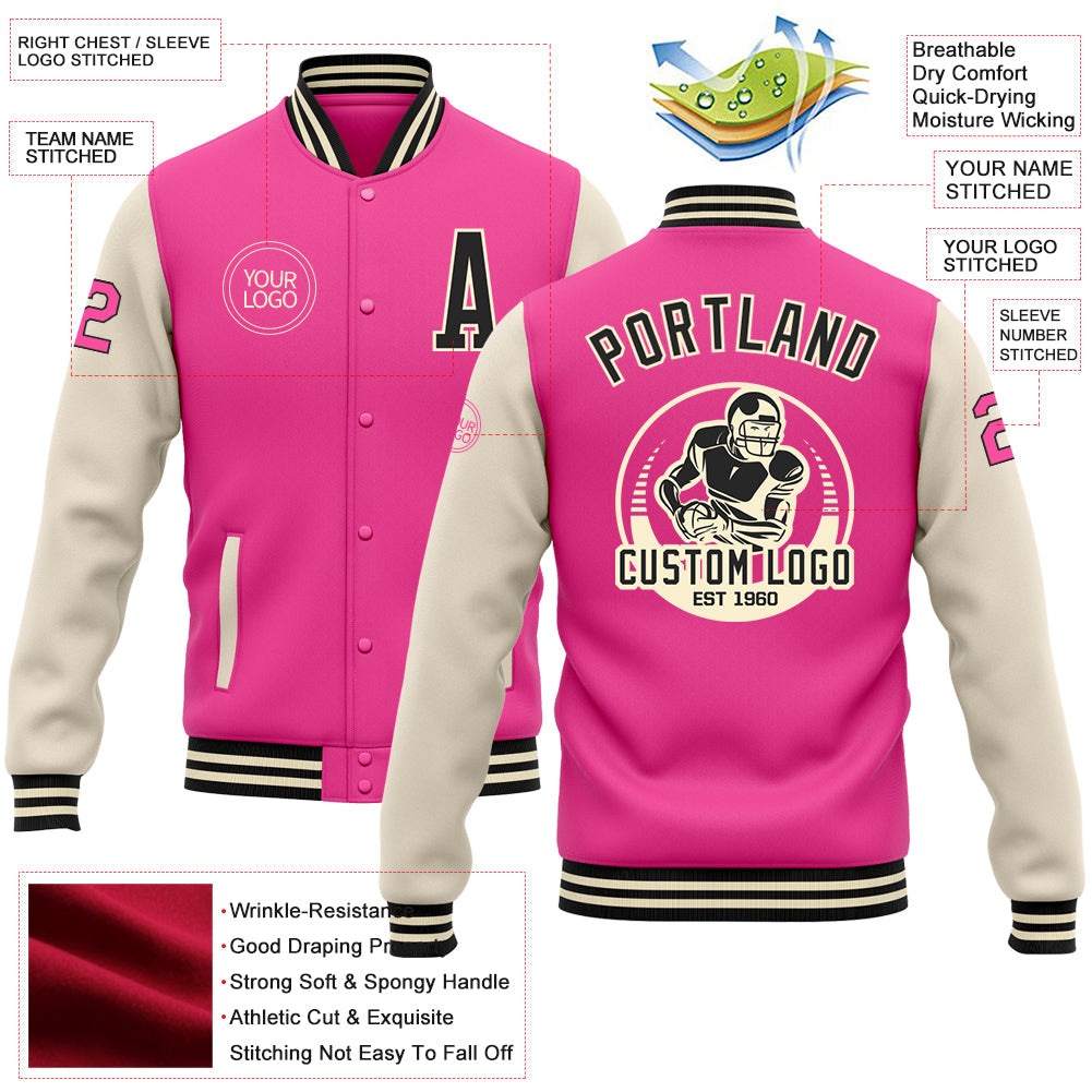 Custom Pink Black-Cream Bomber Full-Snap Varsity Letterman Two Tone Jacket view 5
