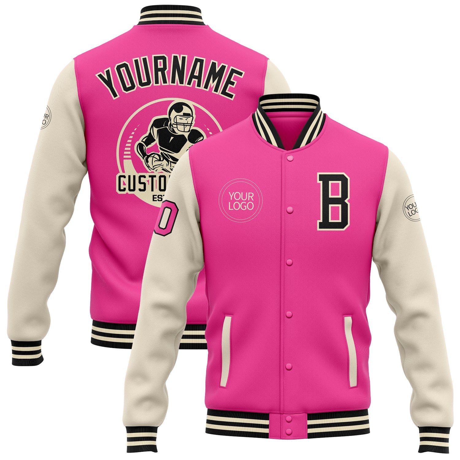 Custom Pink Black-Cream Bomber Full-Snap Varsity Letterman Two Tone Jacket - Main View