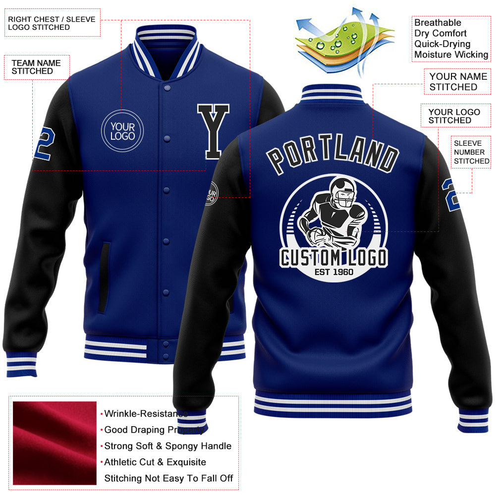 Custom Royal Black-White Bomber Full-Snap Varsity Letterman Two Tone Jacket view 5