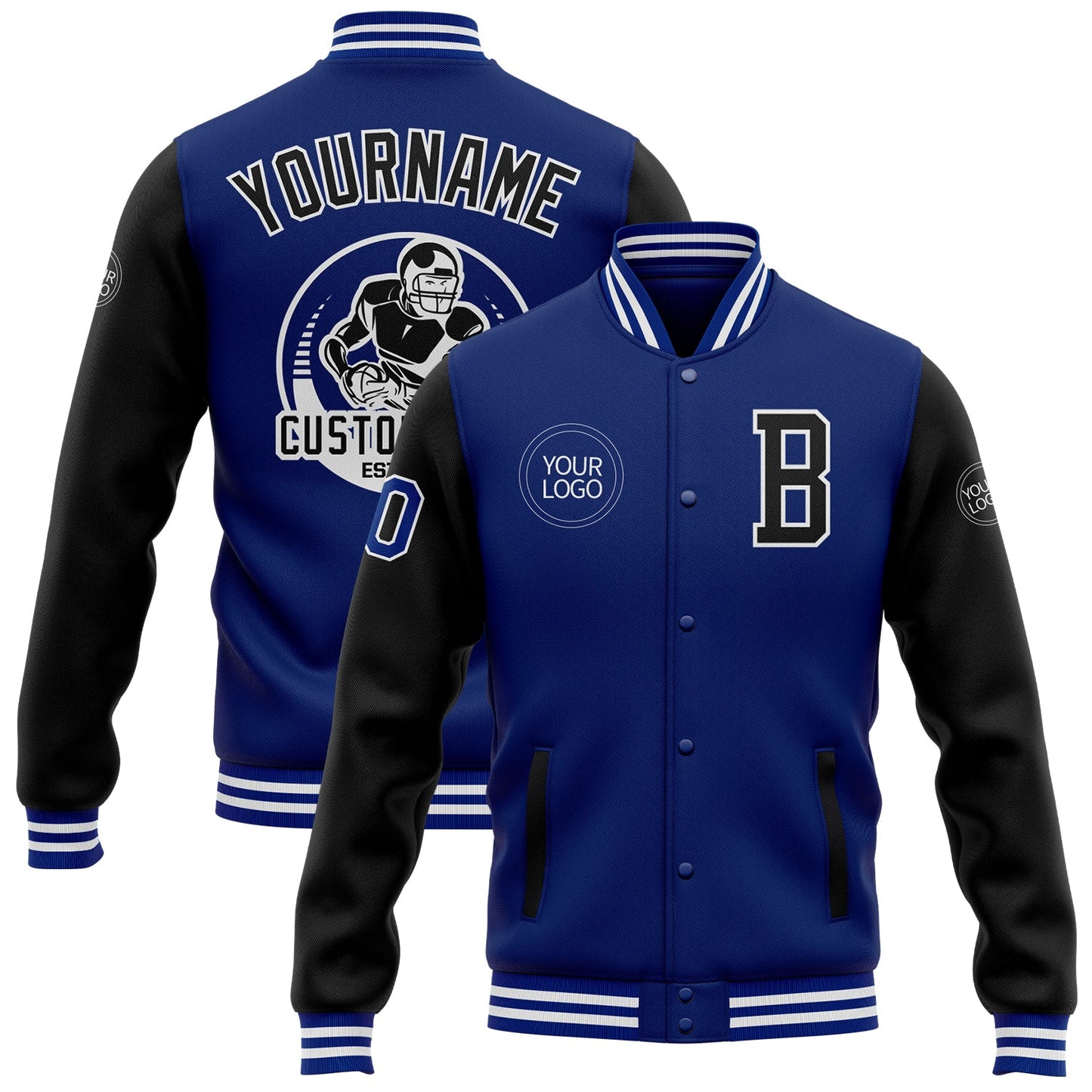 Custom Royal Black-White Bomber Full-Snap Varsity Letterman Two Tone Jacket - Main View