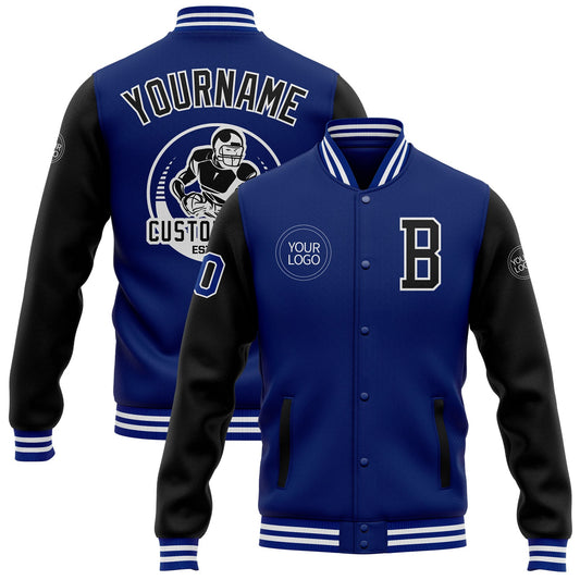 Custom Royal Black-White Bomber Full-Snap Varsity Letterman Two Tone Jacket - Main View