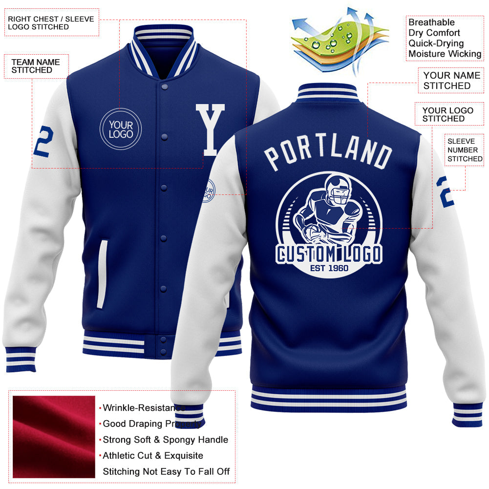 Custom Royal White Bomber Full-Snap Varsity Letterman Two Tone Jacket view 5