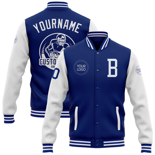 Custom Royal White Bomber Full-Snap Varsity Letterman Two Tone Jacket - Main View
