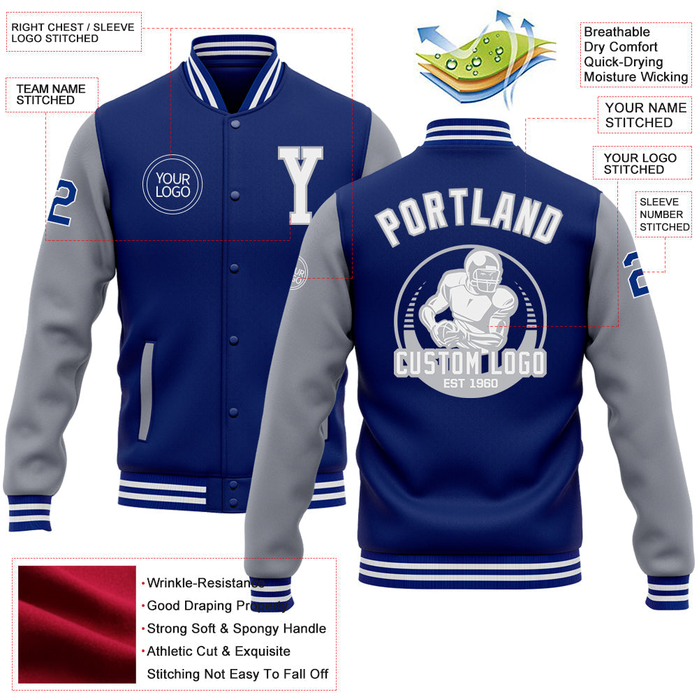 Custom Royal White-Gray Bomber Full-Snap Varsity Letterman Two Tone Jacket view 5
