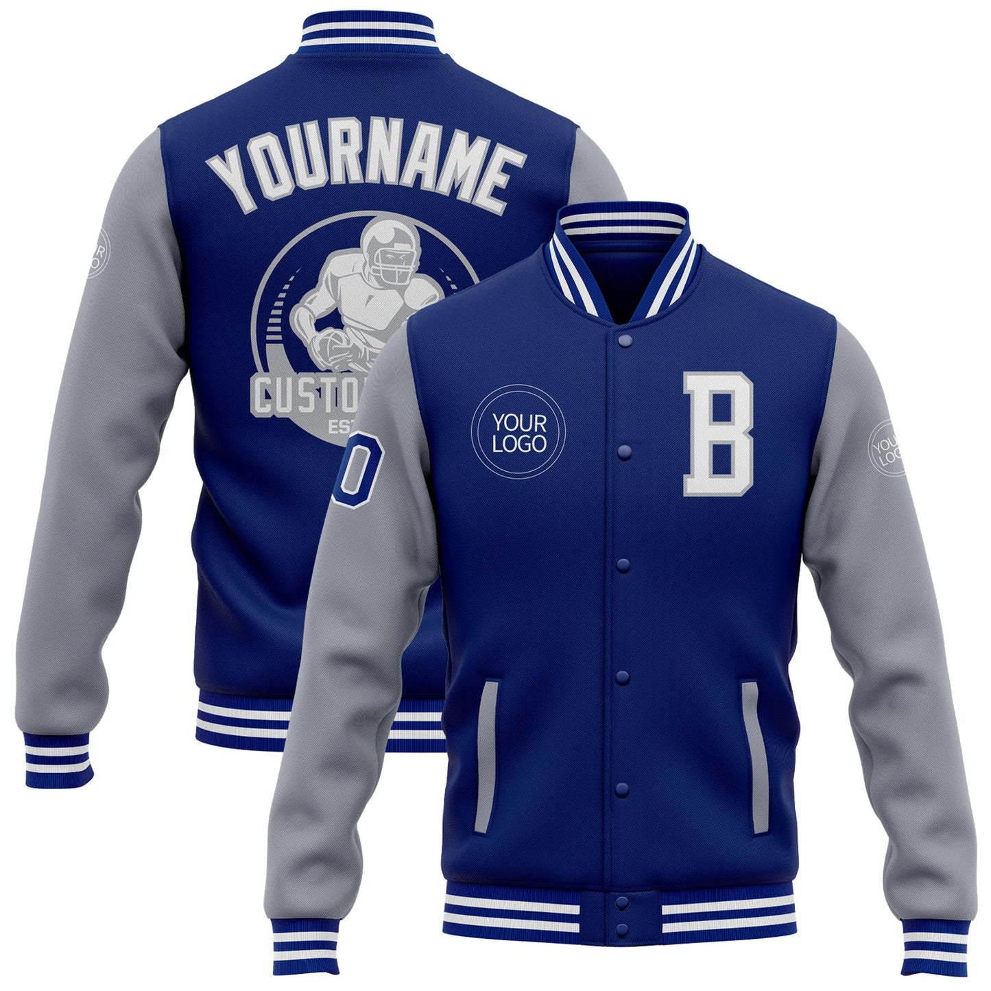Custom Royal White-Gray Bomber Full-Snap Varsity Letterman Two Tone Jacket - Main View
