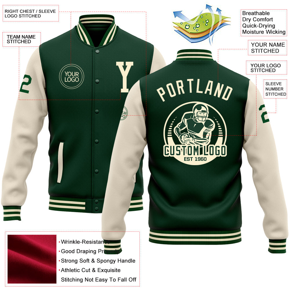 Custom Green Cream Bomber Full-Snap Varsity Letterman Two Tone Jacket view 5