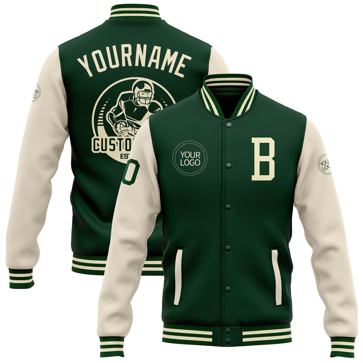 Custom Green Cream Bomber Full-Snap Varsity Letterman Two Tone Jacket - Main View
