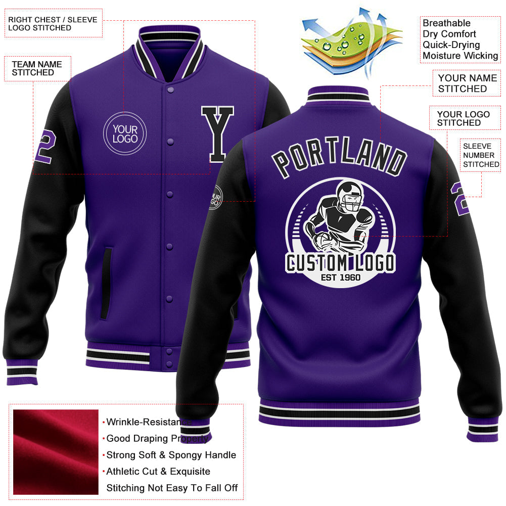 Custom Purple Black Bomber Full-Snap Varsity Letterman Two Tone Jacket view 5