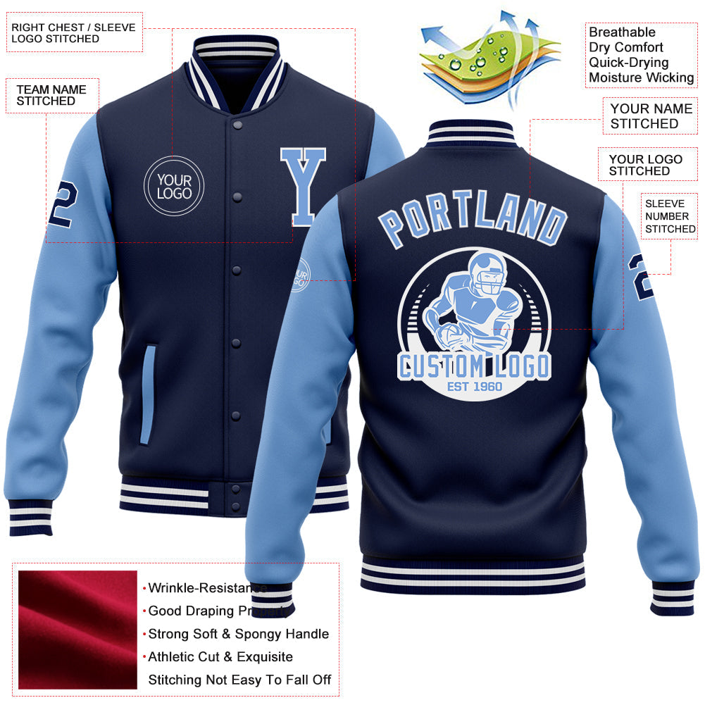Custom Navy Light Blue-White Bomber Full-Snap Varsity Letterman Two Tone Jacket view 5