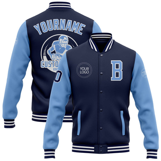 Custom Navy Light Blue-White Bomber Full-Snap Varsity Letterman Two Tone Jacket - Main View