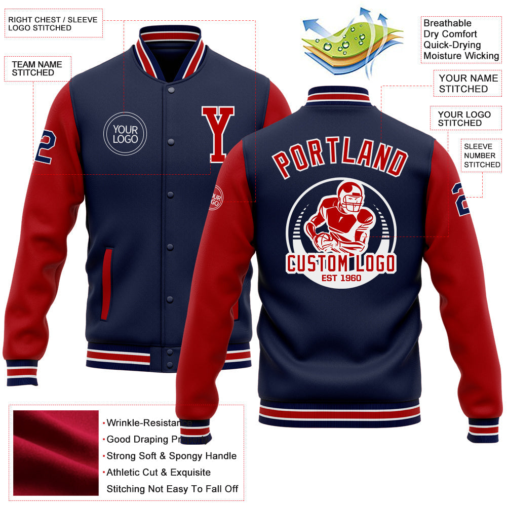 Custom Navy Red-White Bomber Full-Snap Varsity Letterman Two Tone Jacket view 5