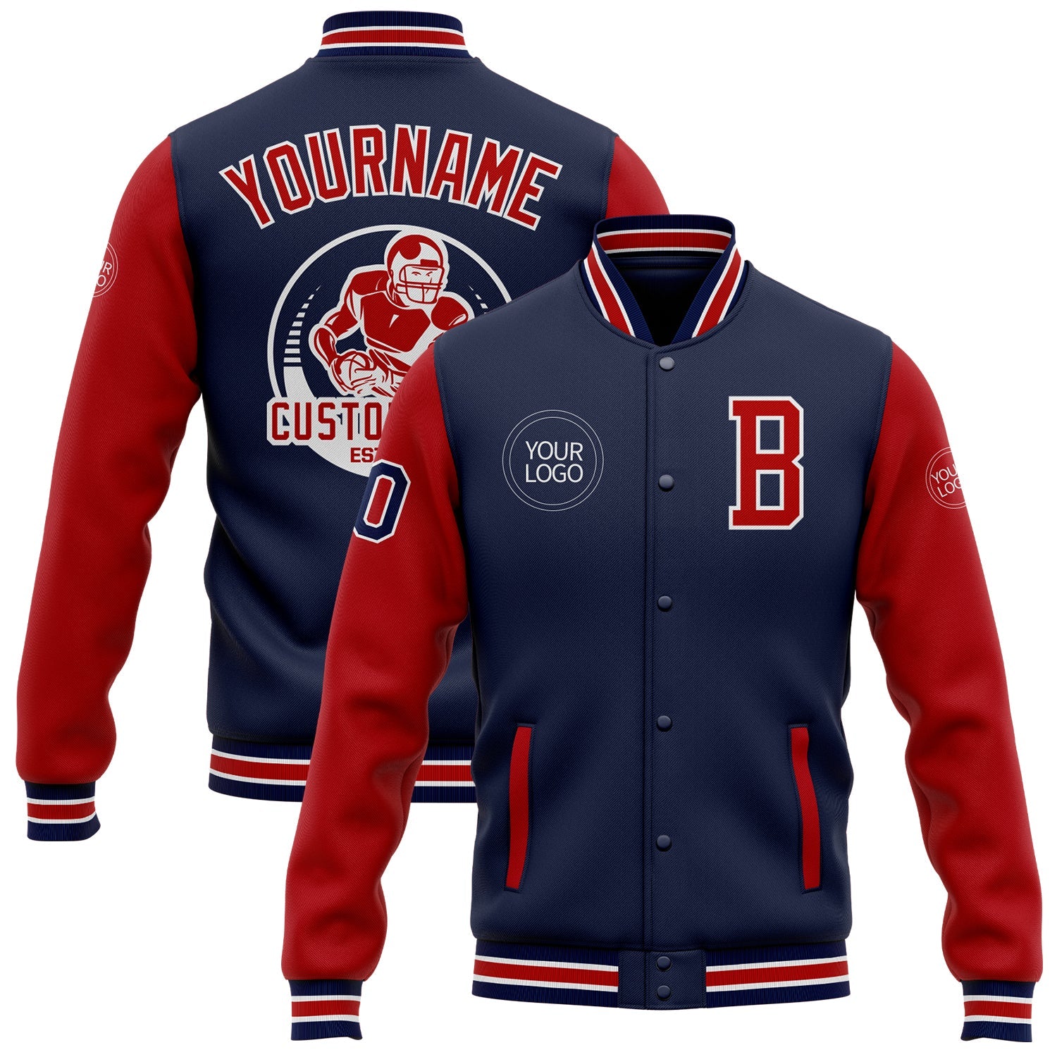 Custom Navy Red-White Bomber Full-Snap Varsity Letterman Two Tone Jacket - Main View