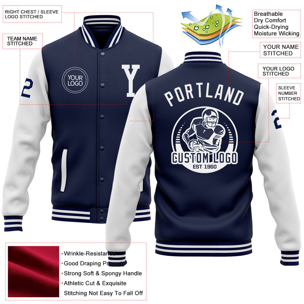 Custom Navy White Bomber Full-Snap Varsity Letterman Two Tone Jacket view 5