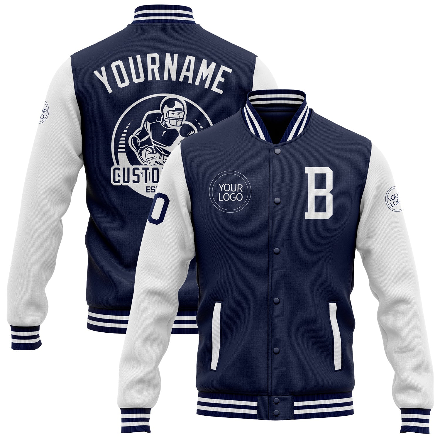 Custom Navy White Bomber Full-Snap Varsity Letterman Two Tone Jacket - Main View