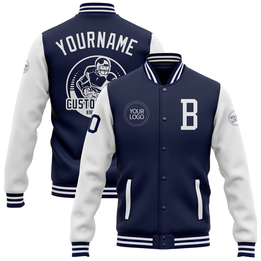 Custom Navy White Bomber Full-Snap Varsity Letterman Two Tone Jacket - Main View