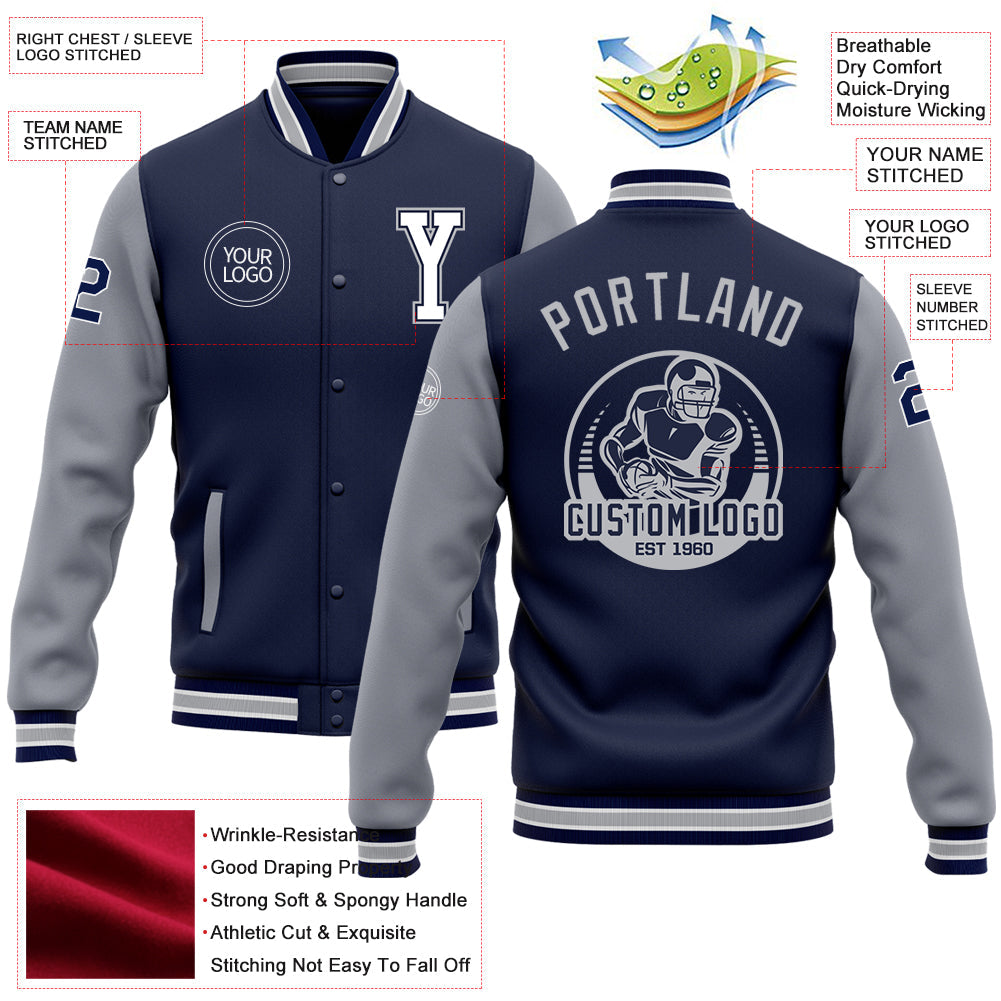 Custom Navy White-Gray Bomber Full-Snap Varsity Letterman Two Tone Jacket view 5