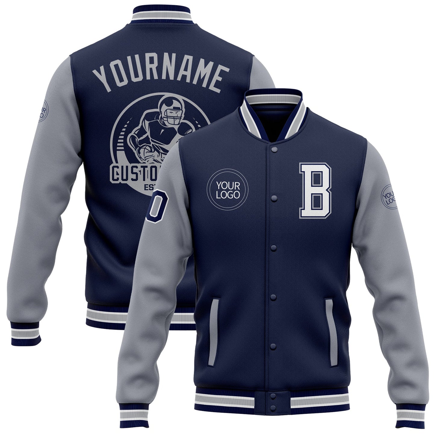 Custom Navy White-Gray Bomber Full-Snap Varsity Letterman Two Tone Jacket - Main View