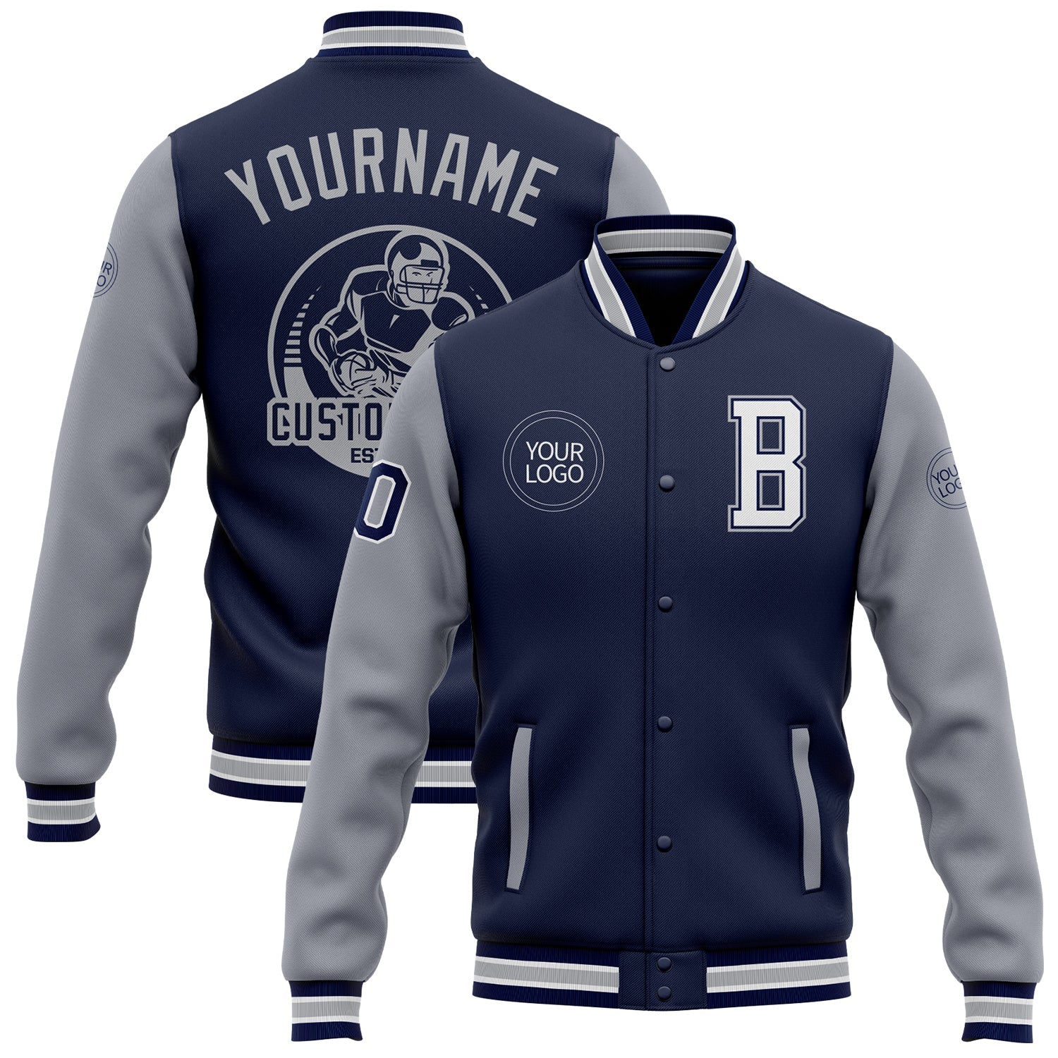 Custom Navy White-Gray Bomber Full-Snap Varsity Letterman Two Tone Jacket - Main View
