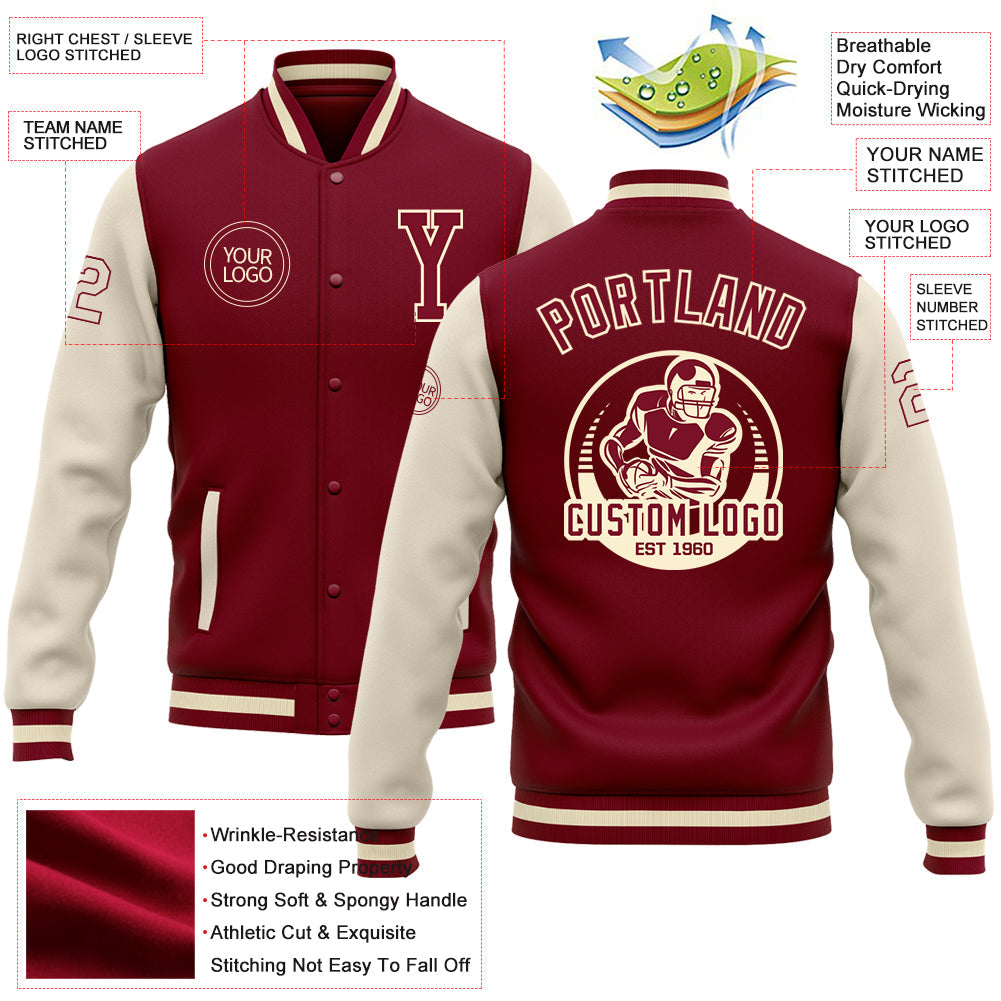 Custom Crimson Cream-Maroon Bomber Full-Snap Varsity Letterman Two Tone Jacket view 5