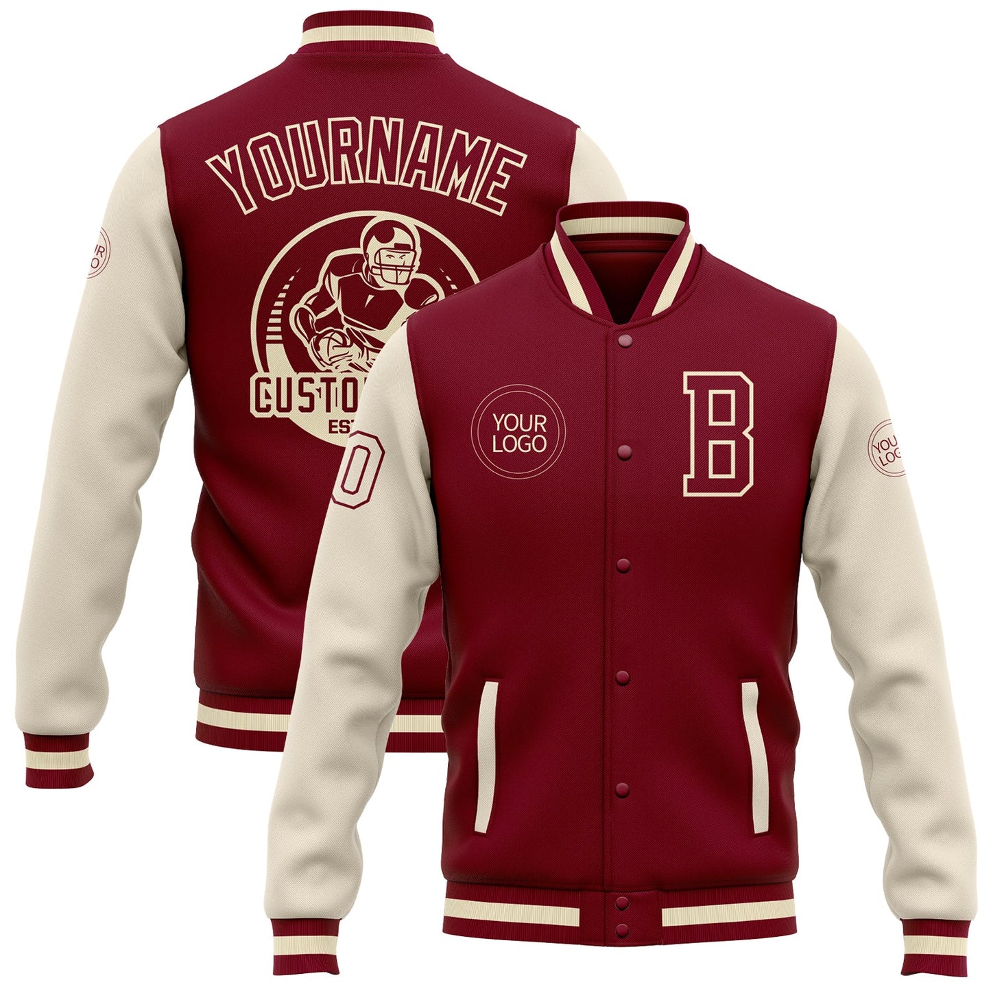 Custom Crimson Cream-Maroon Bomber Full-Snap Varsity Letterman Two Tone Jacket - Main View