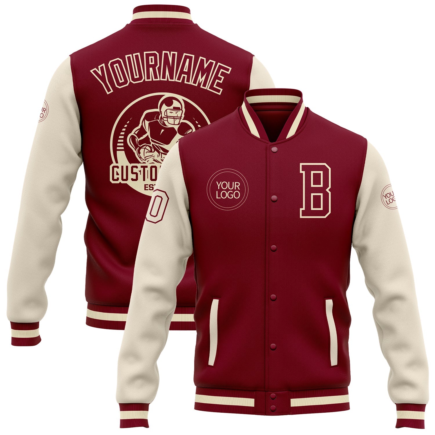 Custom Crimson Cream-Maroon Bomber Full-Snap Varsity Letterman Two Tone Jacket - Main View