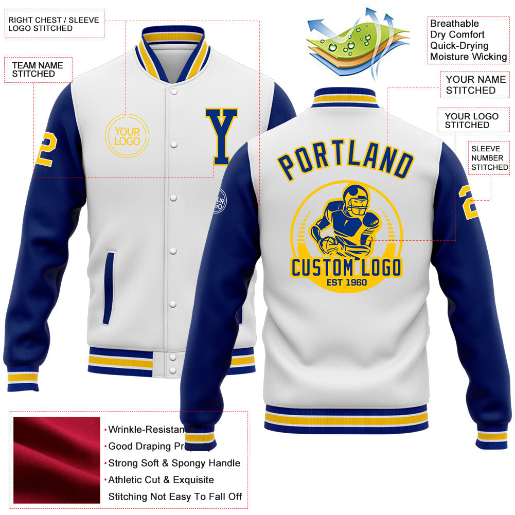 Custom White Royal-Yellow Bomber Full-Snap Varsity Letterman Two Tone Jacket view 5