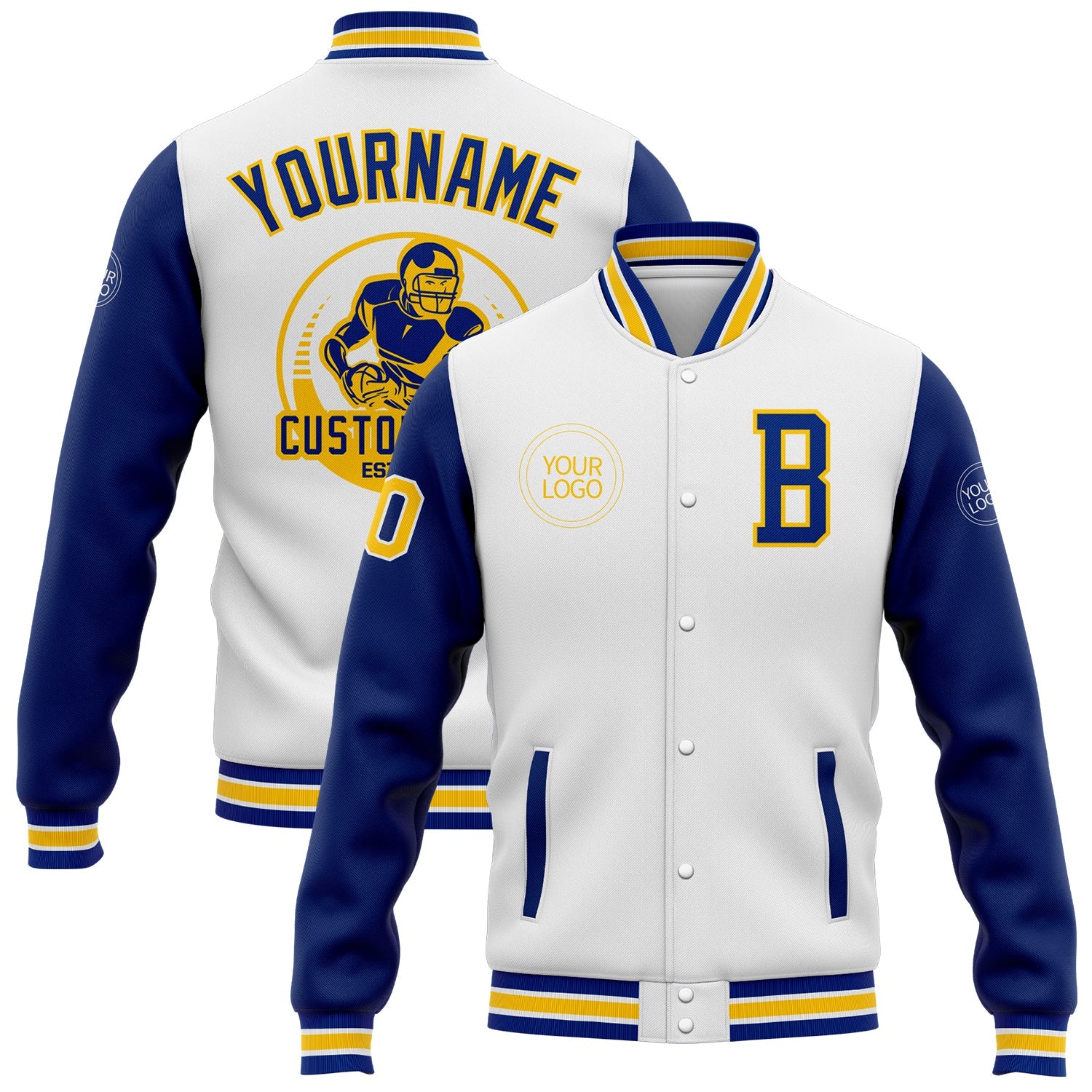 Custom White Royal-Yellow Bomber Full-Snap Varsity Letterman Two Tone Jacket - Main View