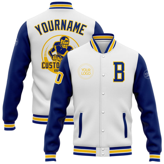 Custom White Royal-Yellow Bomber Full-Snap Varsity Letterman Two Tone Jacket - Main View