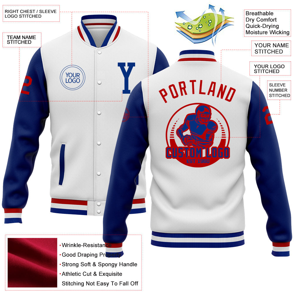 Custom White Royal-Red Bomber Full-Snap Varsity Letterman Two Tone Jacket view 5