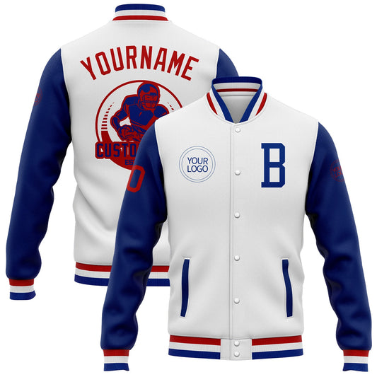 Custom White Royal-Red Bomber Full-Snap Varsity Letterman Two Tone Jacket - Main View