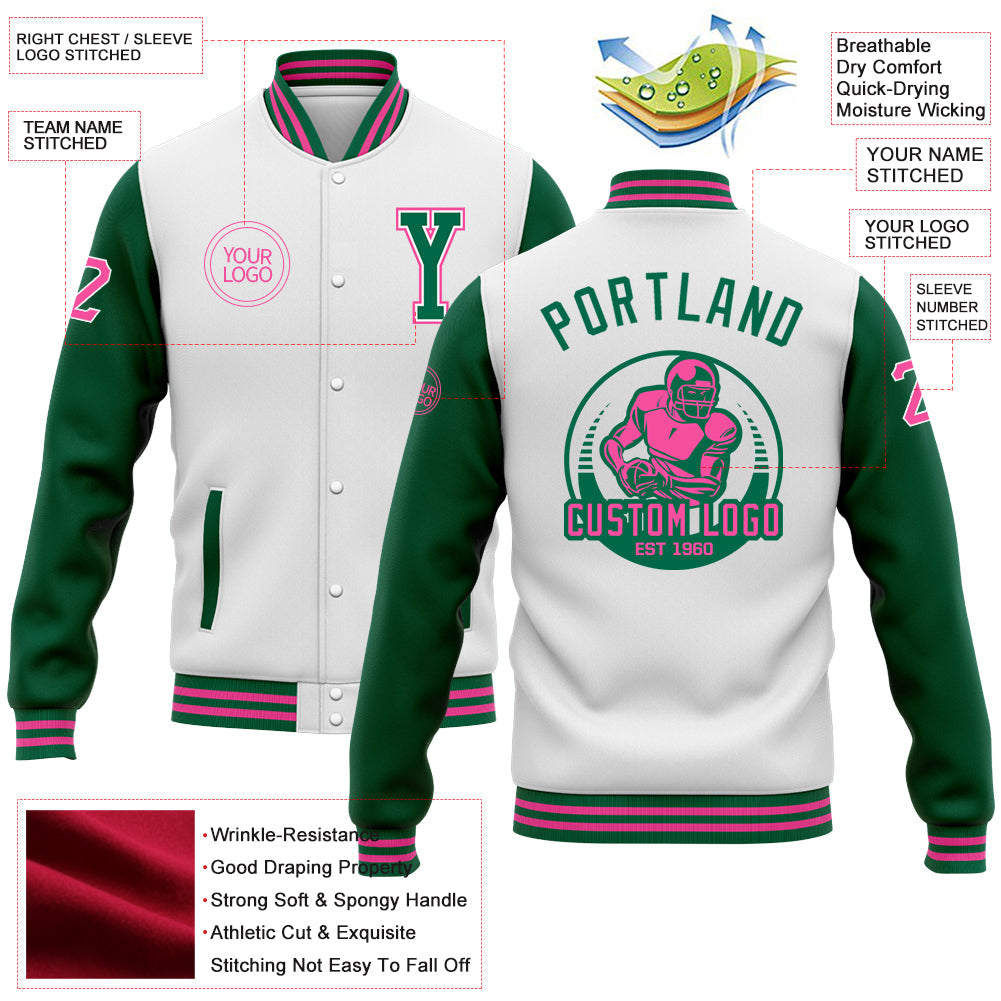 Custom White Kelly Green-Pink Bomber Full-Snap Varsity Letterman Two Tone Jacket view 5