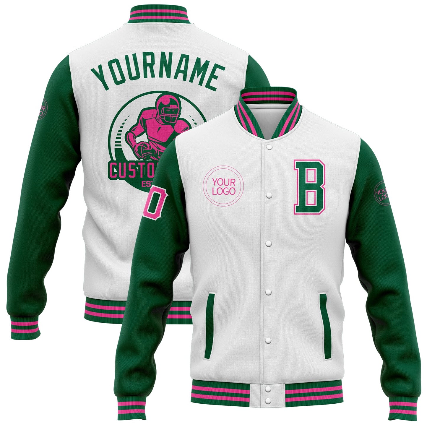 Custom White Kelly Green-Pink Bomber Full-Snap Varsity Letterman Two Tone Jacket - Main View