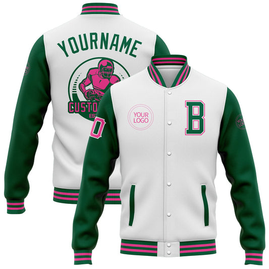 Custom White Kelly Green-Pink Bomber Full-Snap Varsity Letterman Two Tone Jacket - Main View