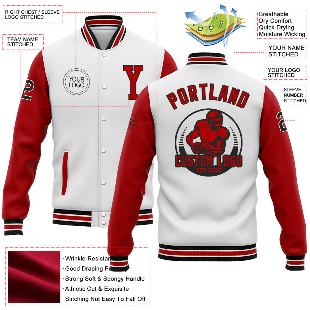 Custom White Red-Black Bomber Full-Snap Varsity Letterman Two Tone Jacket view 5